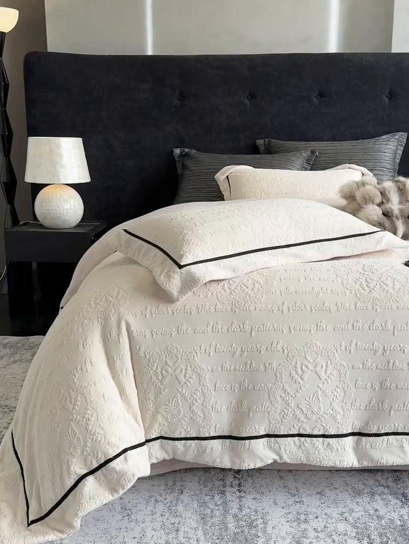 91家纺网 家纺一手货源 找家纺 若未家居 LOVEWE HOUSE 2025新款高克重牛奶绒四件套-一封情书 一封情书-奶油白