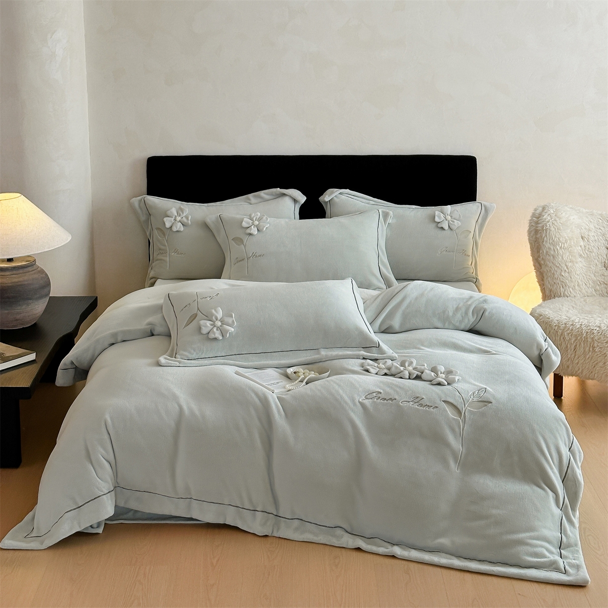 名品优仓 2025新款240克牛奶绒刺绣四件套-花枝妙曼 花枝妙曼-甜灰