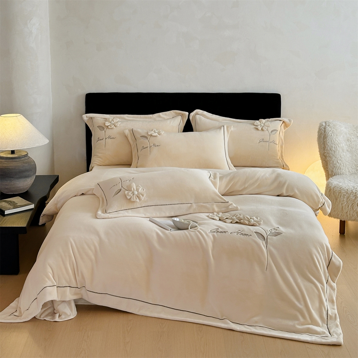 名品优仓 2025新款240克牛奶绒刺绣四件套-花枝妙曼 花枝妙曼-卡其