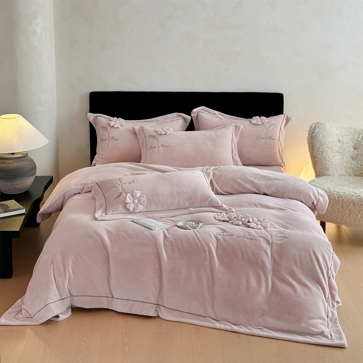 名品优仓 2025新款240克牛奶绒刺绣四件套-花枝妙曼 花枝妙曼-粉色