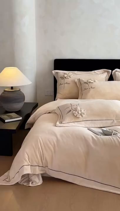 91家纺网 家纺一手货源 找家纺 名品优仓 2025新款240克牛奶绒刺绣四件套-花枝妙曼 花枝妙曼-卡其