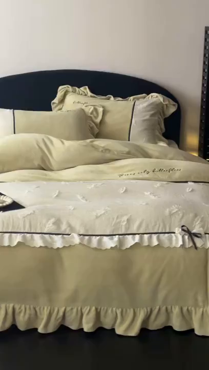 91家纺网 家纺一手货源 找家纺 名品优仓 2025新款240克奶肤绒刺绣四件套-丽莎 丽莎-姜黄