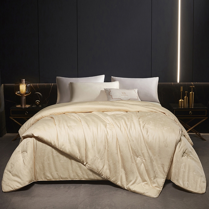 欧夏家纺 2025新款全棉被子大提花冬被春秋被羊绒蛋白大豆被二合一子母被 香槟色