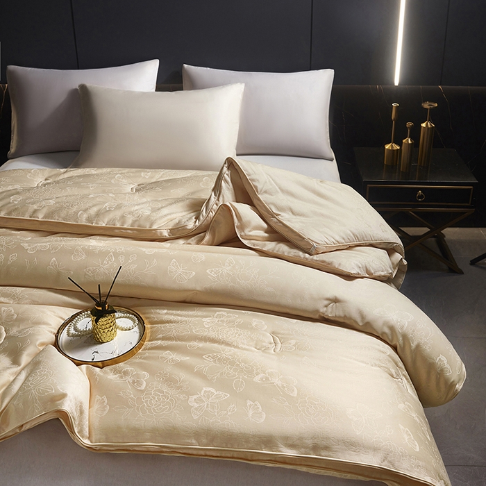 91家纺网 家纺一手货源 找家纺 欧夏家纺 2025新款全棉被子大提花冬被春秋被羊绒蛋白大豆被二合一子母被 香槟色