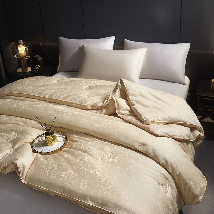 91家纺网 家纺一手货源 找家纺 欧夏家纺 2025新款全棉被子大提花冬被春秋被羊绒蛋白大豆被二合一子母被 香槟色