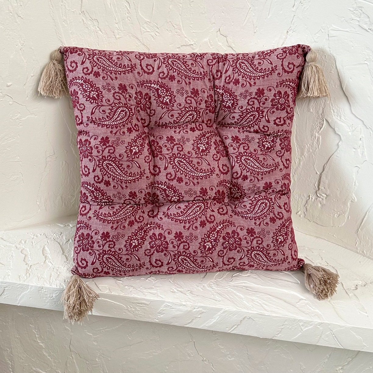 番茄+ 2025新款棉麻提花流苏坐垫沙发坐垫 复古红