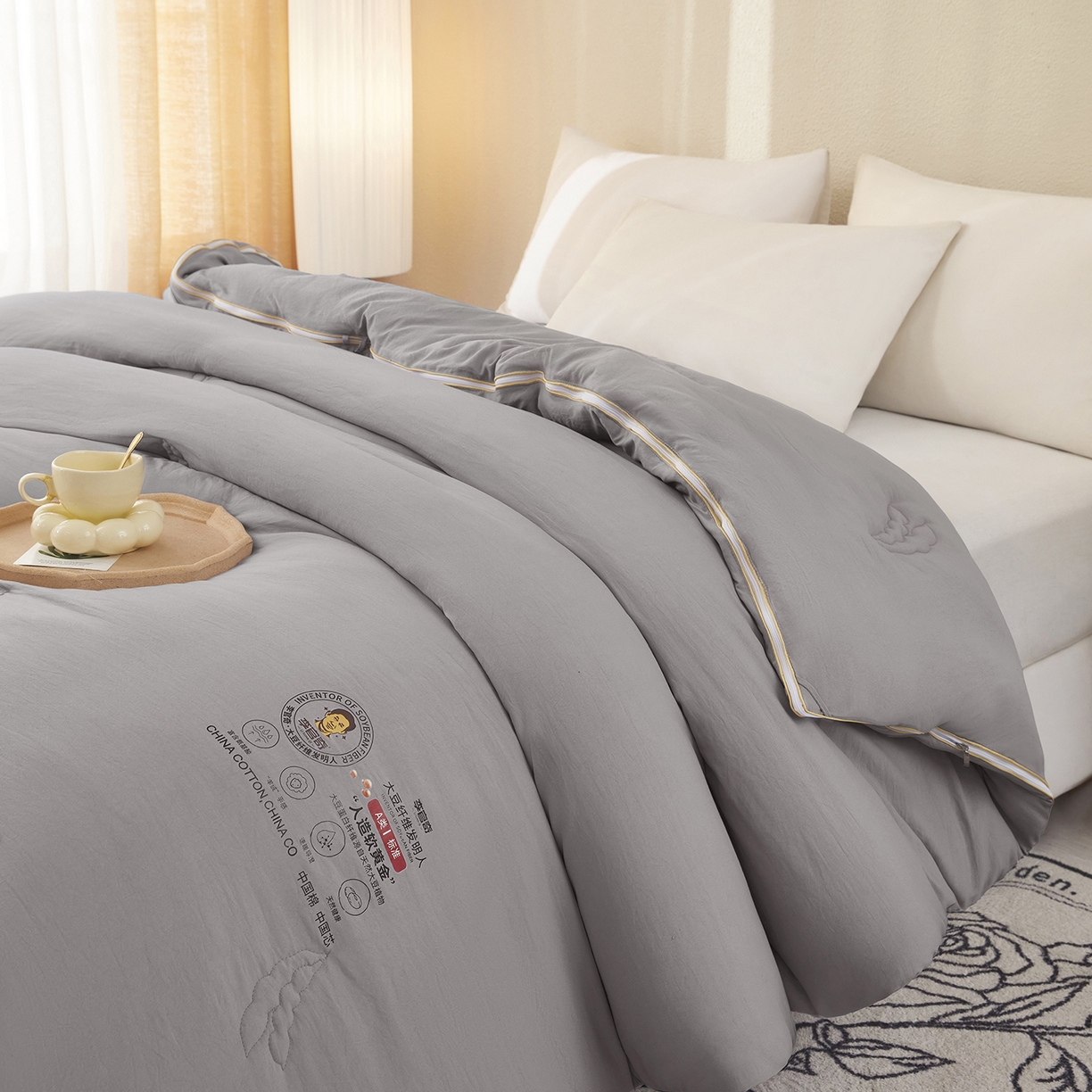 91家纺网 家纺一手货源 找家纺 恒科家纺 2026新款李官奇官方正品认证李官奇大豆纤维被 子母被拉链二合一被子被芯 浅灰