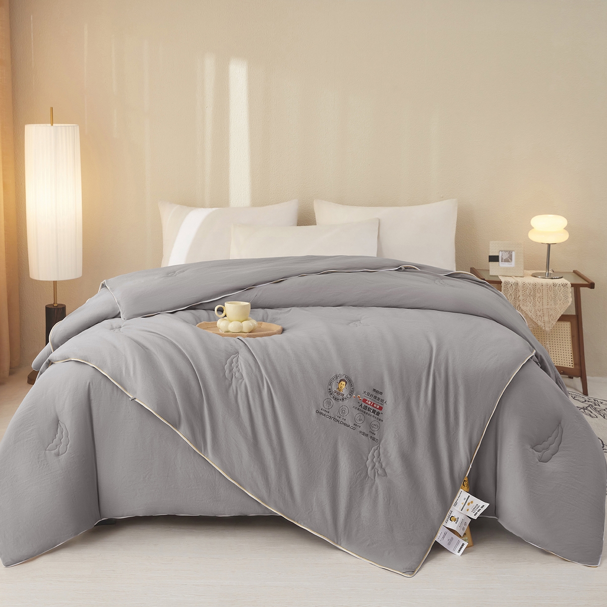 91家纺网 家纺一手货源 找家纺 恒科家纺 2026新款李官奇官方正品认证李官奇大豆纤维被 子母被拉链二合一被子被芯 浅灰