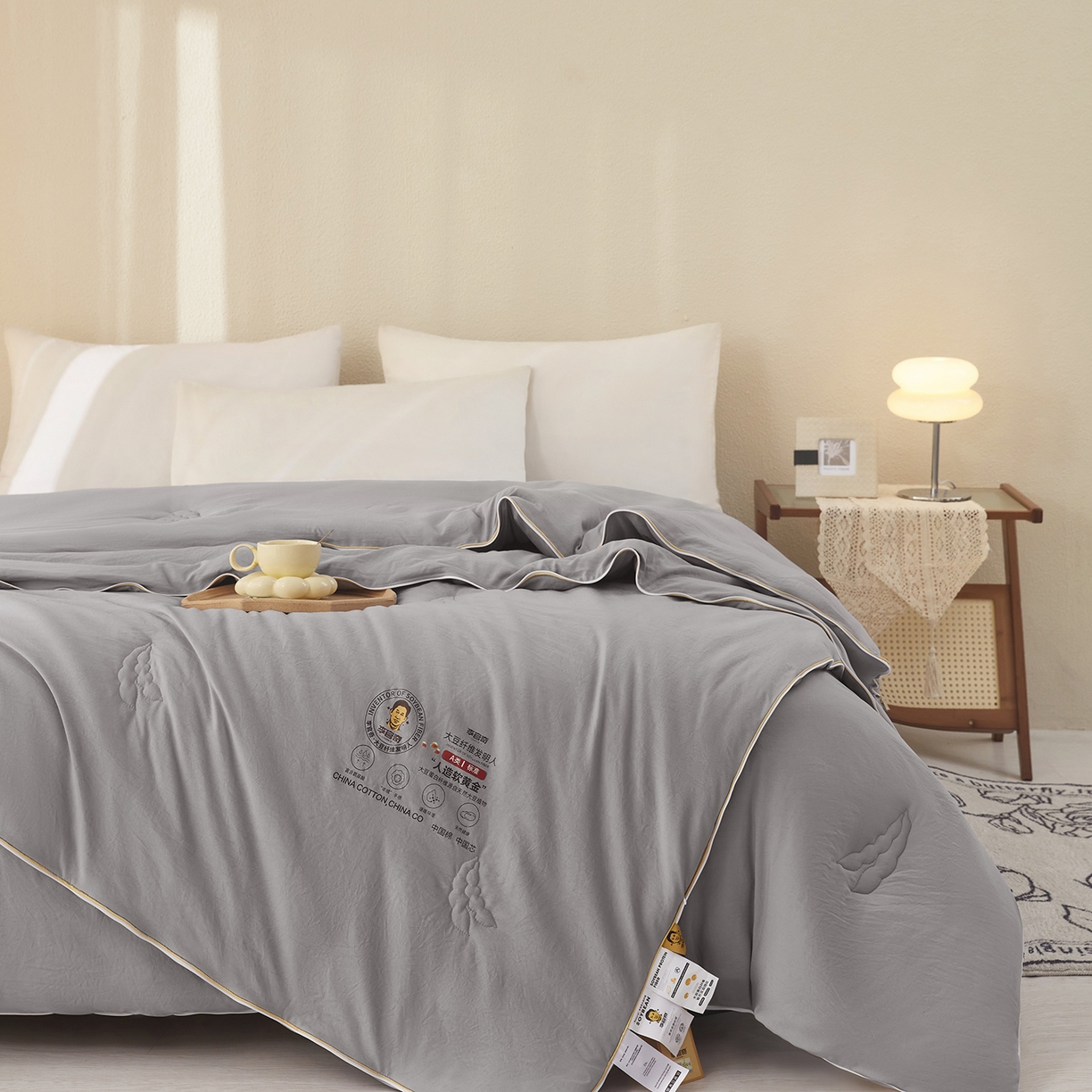 91家纺网 家纺一手货源 找家纺 恒科家纺 2026新款李官奇官方正品认证李官奇大豆纤维被 子母被拉链二合一被子被芯 浅灰