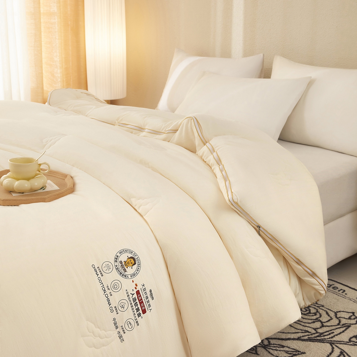 91家纺网 家纺一手货源 找家纺 恒科家纺 2025新款李官奇官方正品认证李官奇大豆纤维被 子母被拉链二合一被子被芯 米白
