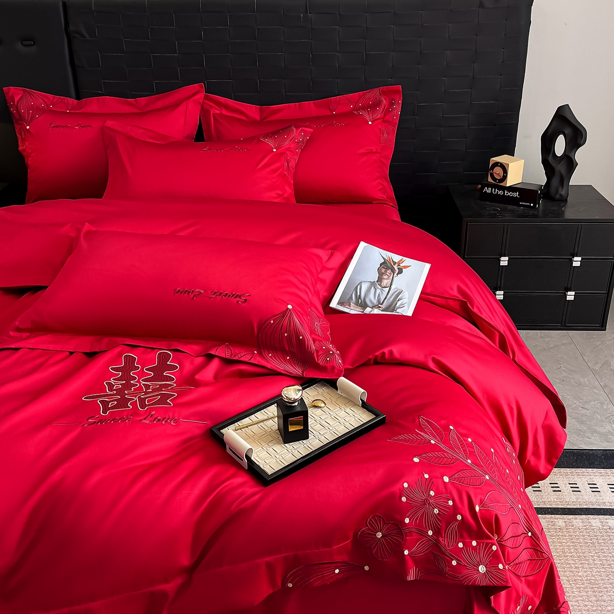 91家纺网 家纺一手货源 找家纺 置顶家纺 2025新款亲肤刺绣婚庆四件套 锦上花-大红