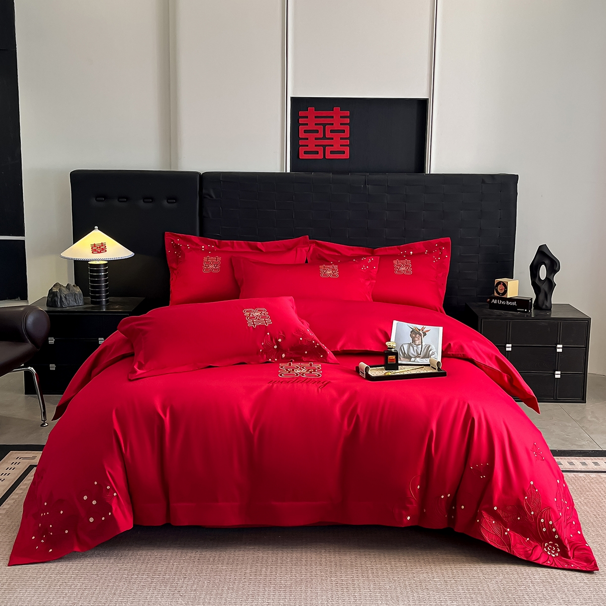 91家纺网 家纺一手货源 找家纺 置顶家纺 2025新款亲肤刺绣婚庆四件套 爱漾-大红