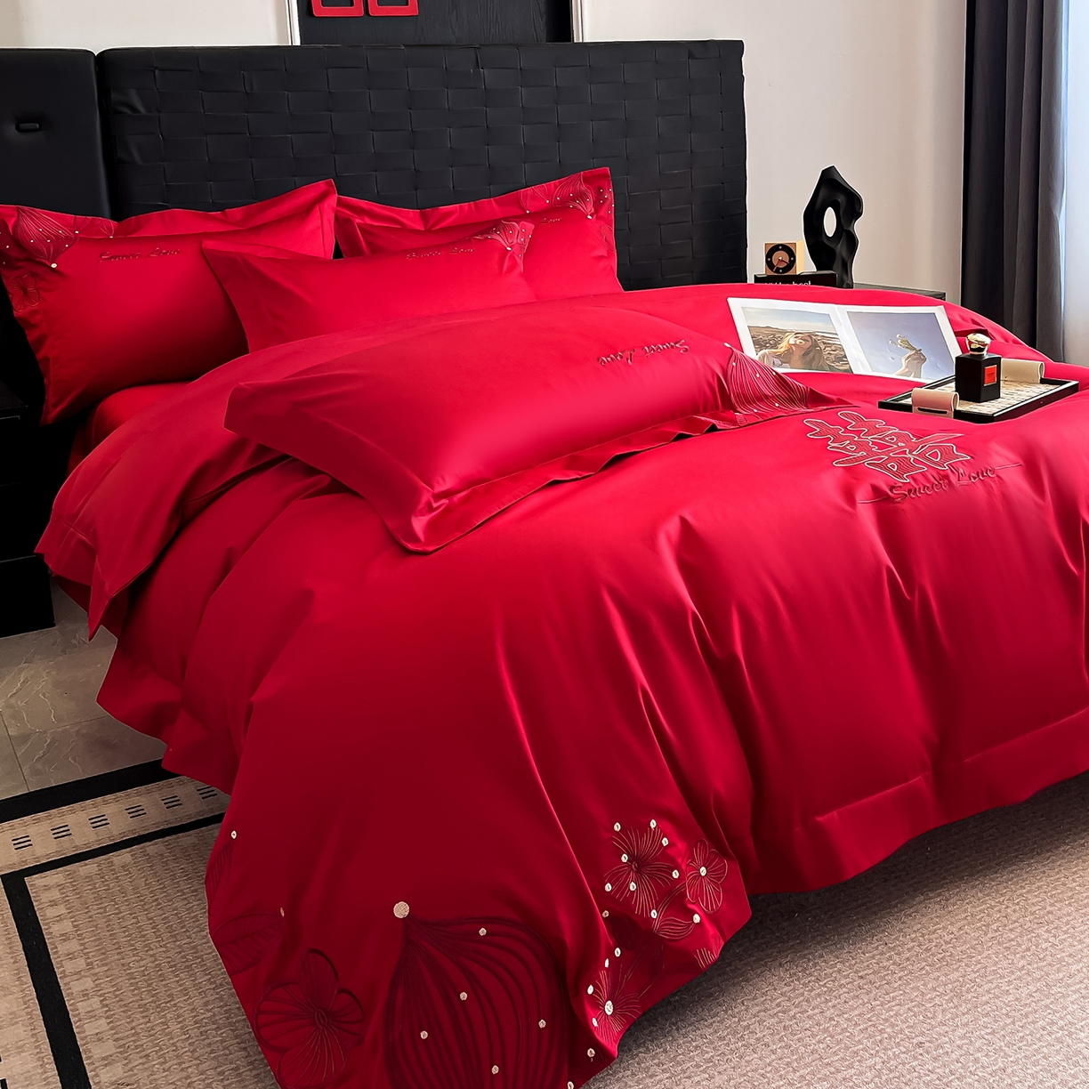 91家纺网 家纺一手货源 找家纺 置顶家纺 2025新款亲肤刺绣婚庆四件套 锦上花-大红