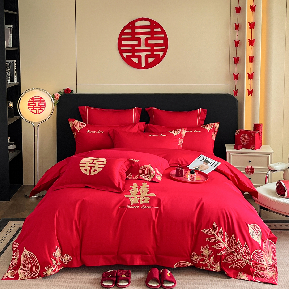 91家纺网 家纺一手货源 找家纺 置顶家纺 2025新款亲肤刺绣婚庆四件套 锦上花-金大红