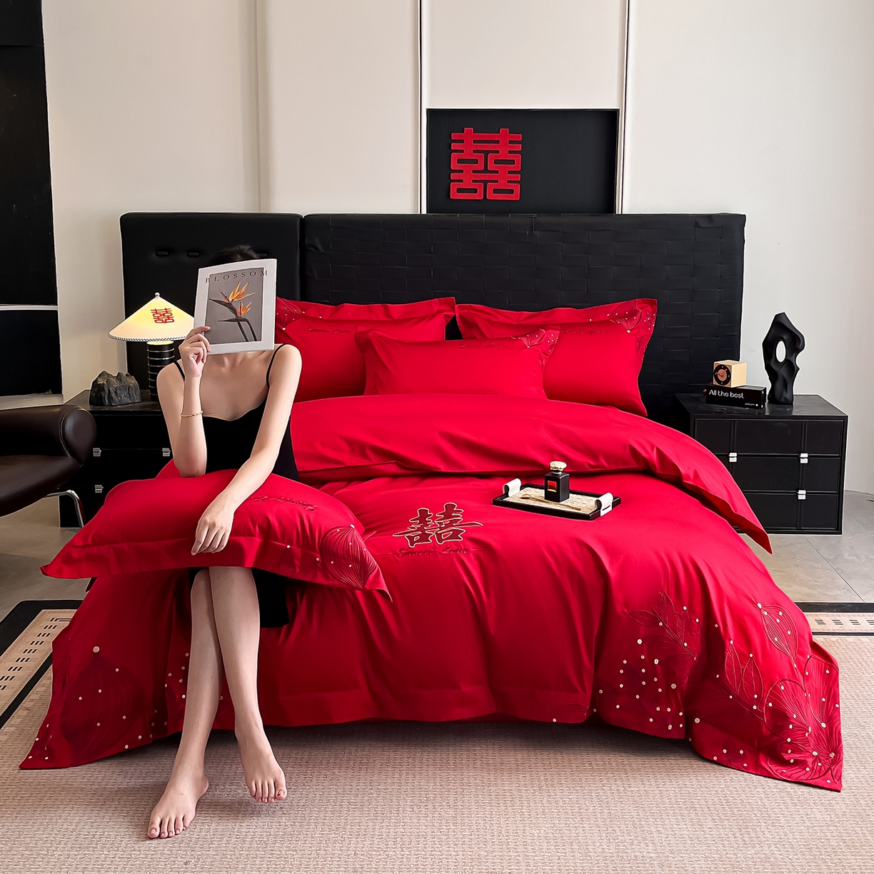 91家纺网 家纺一手货源 找家纺 置顶家纺 2025新款亲肤刺绣婚庆四件套 锦上花-大红