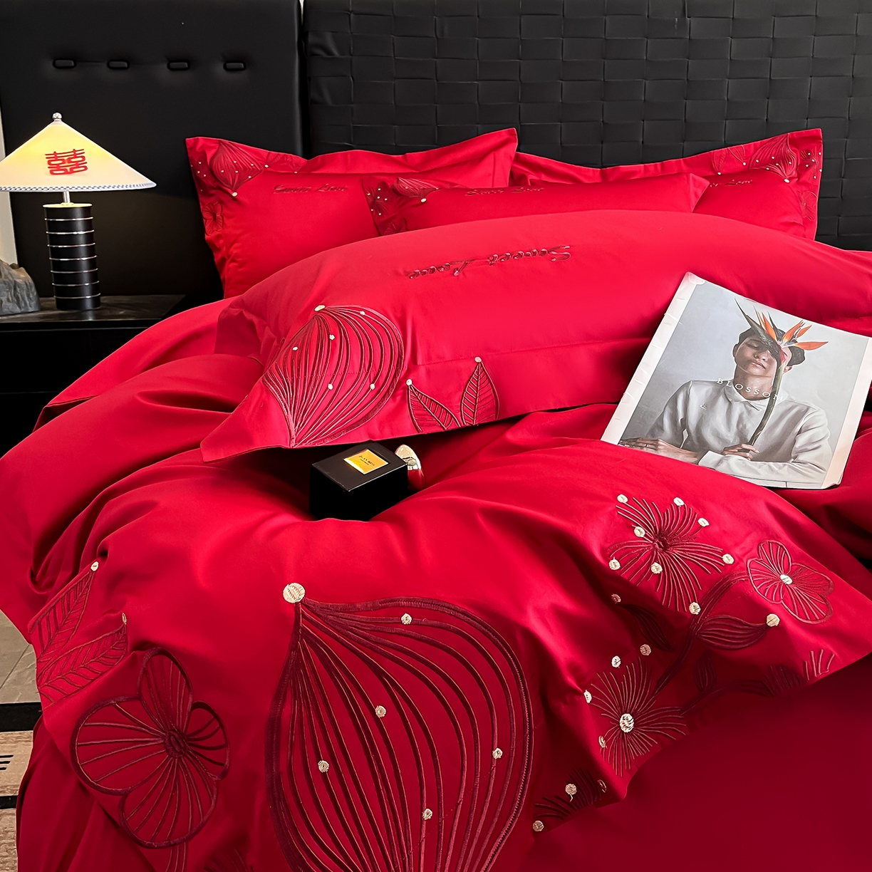 91家纺网 家纺一手货源 找家纺 置顶家纺 2025新款亲肤刺绣婚庆四件套 锦上花-大红