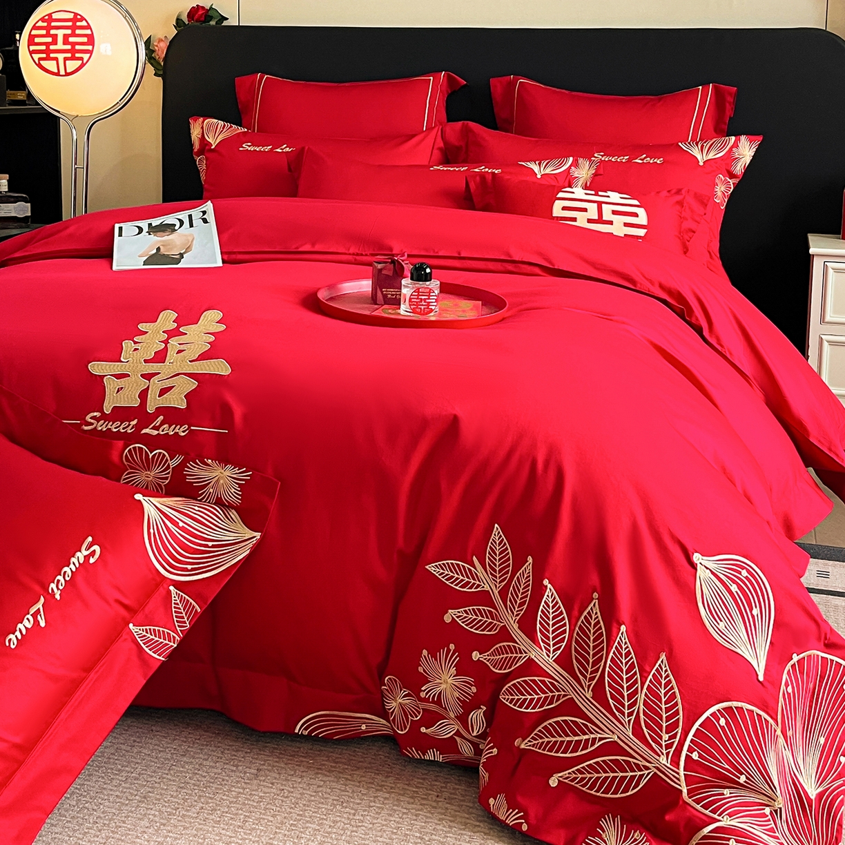 91家纺网 家纺一手货源 找家纺 置顶家纺 2025新款亲肤刺绣婚庆四件套 锦上花-金大红