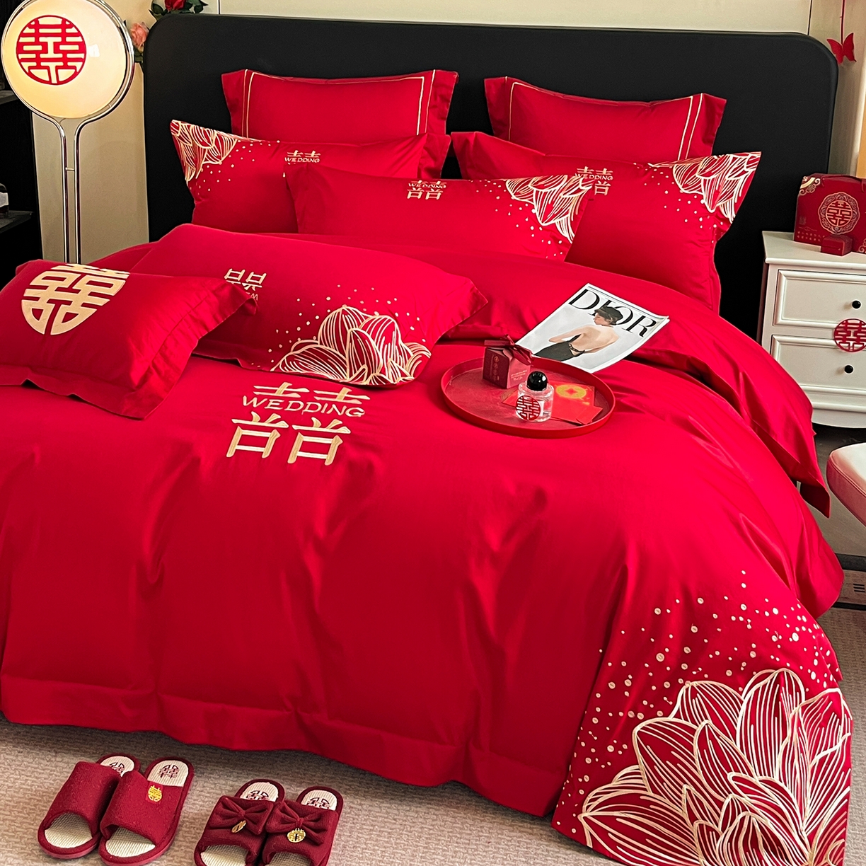 91家纺网 家纺一手货源 找家纺 置顶家纺 2025新款亲肤刺绣婚庆四件套 幸遇你-金大红