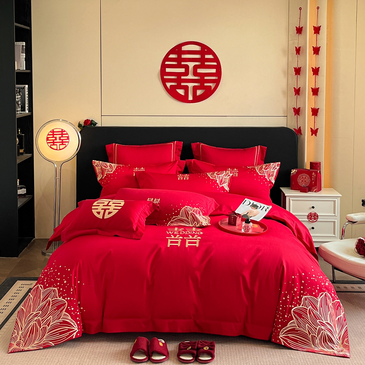 91家纺网 家纺一手货源 找家纺 置顶家纺 2025新款亲肤刺绣婚庆四件套 幸遇你-金大红