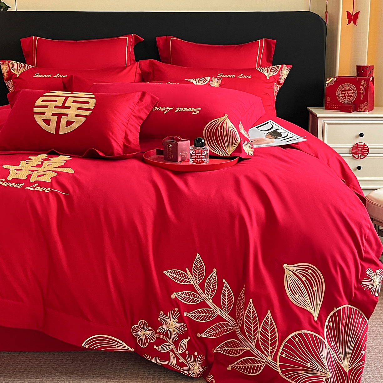 91家纺网 家纺一手货源 找家纺 置顶家纺 2025新款亲肤刺绣婚庆四件套 锦上花-金大红