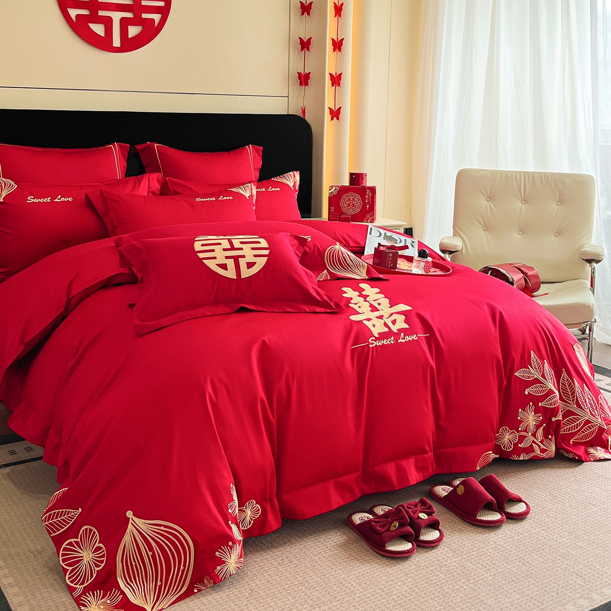 91家纺网 家纺一手货源 找家纺 置顶家纺 2025新款亲肤刺绣婚庆四件套 锦上花-金大红