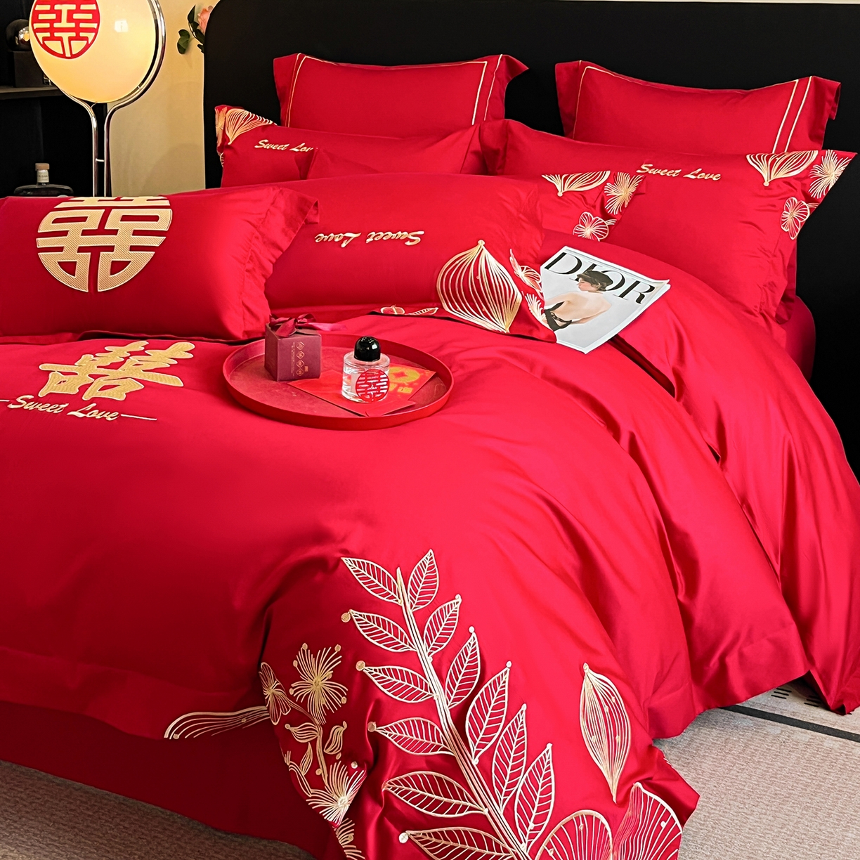 91家纺网 家纺一手货源 找家纺 置顶家纺 2025新款亲肤刺绣婚庆四件套 锦上花-金大红