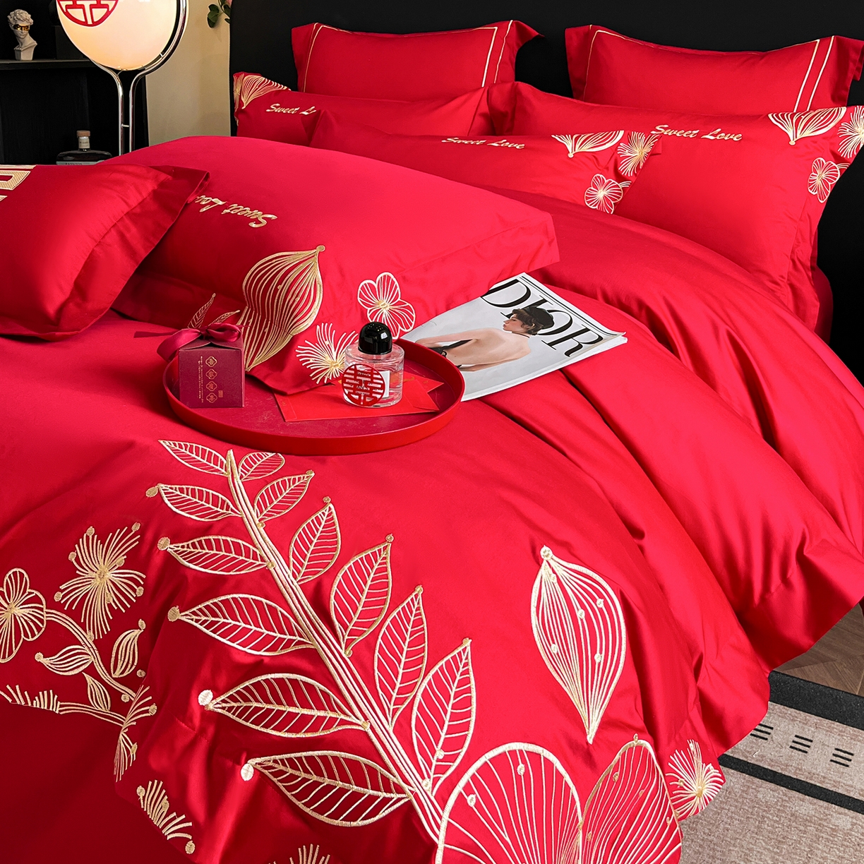 置顶家纺 2025新款亲肤刺绣婚庆四件套 锦上花-金大红