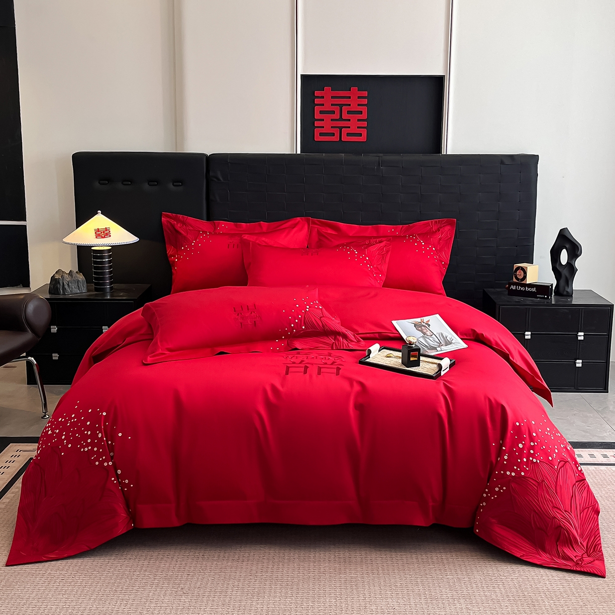 91家纺网 家纺一手货源 找家纺 置顶家纺 2025新款亲肤刺绣婚庆四件套 幸遇你-大红