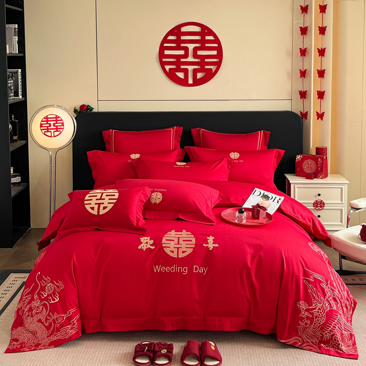 91家纺网 家纺一手货源 找家纺 置顶家纺 2025新款亲肤刺绣婚庆四件套 龙翔凤起-金大红