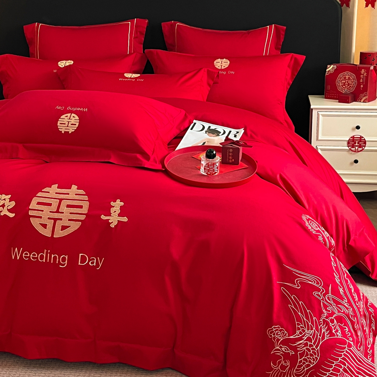 91家纺网 家纺一手货源 找家纺 置顶家纺 2025新款亲肤刺绣婚庆四件套 龙翔凤起-金大红