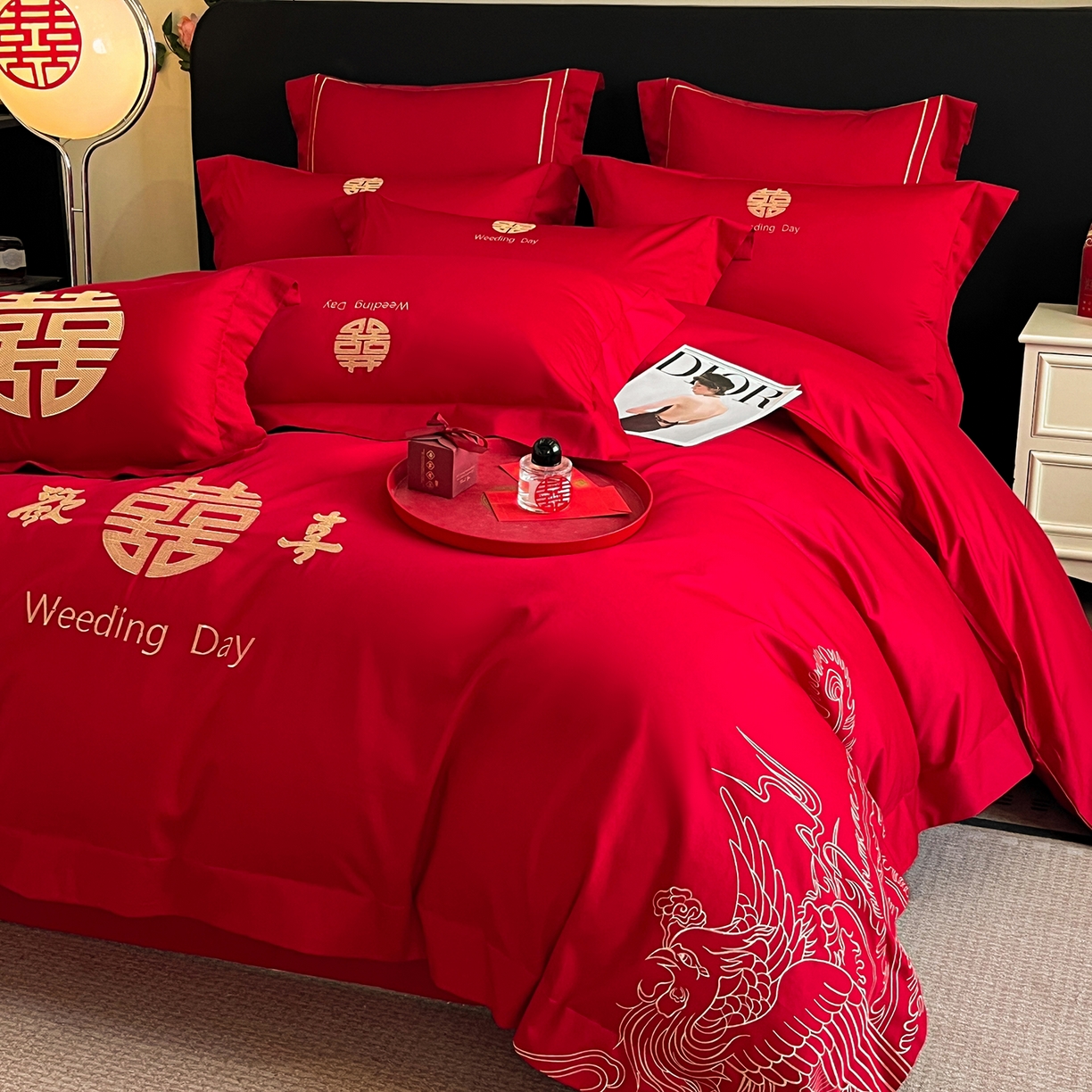 91家纺网 家纺一手货源 找家纺 置顶家纺 2025新款亲肤刺绣婚庆四件套 龙翔凤起-金大红