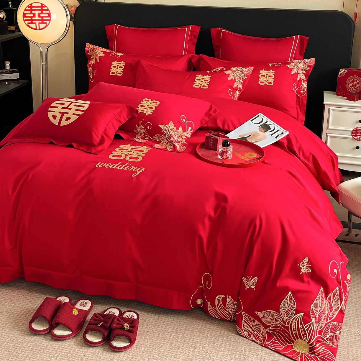 91家纺网 家纺一手货源 找家纺 置顶家纺 2025新款亲肤刺绣婚庆四件套 爱漾-金大红