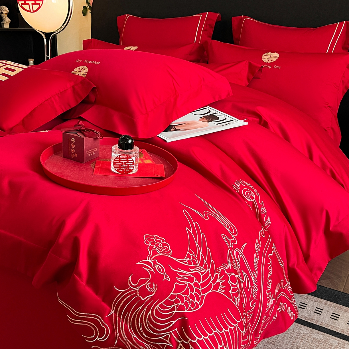 置顶家纺 2025新款亲肤刺绣婚庆四件套 龙翔凤起-金大红