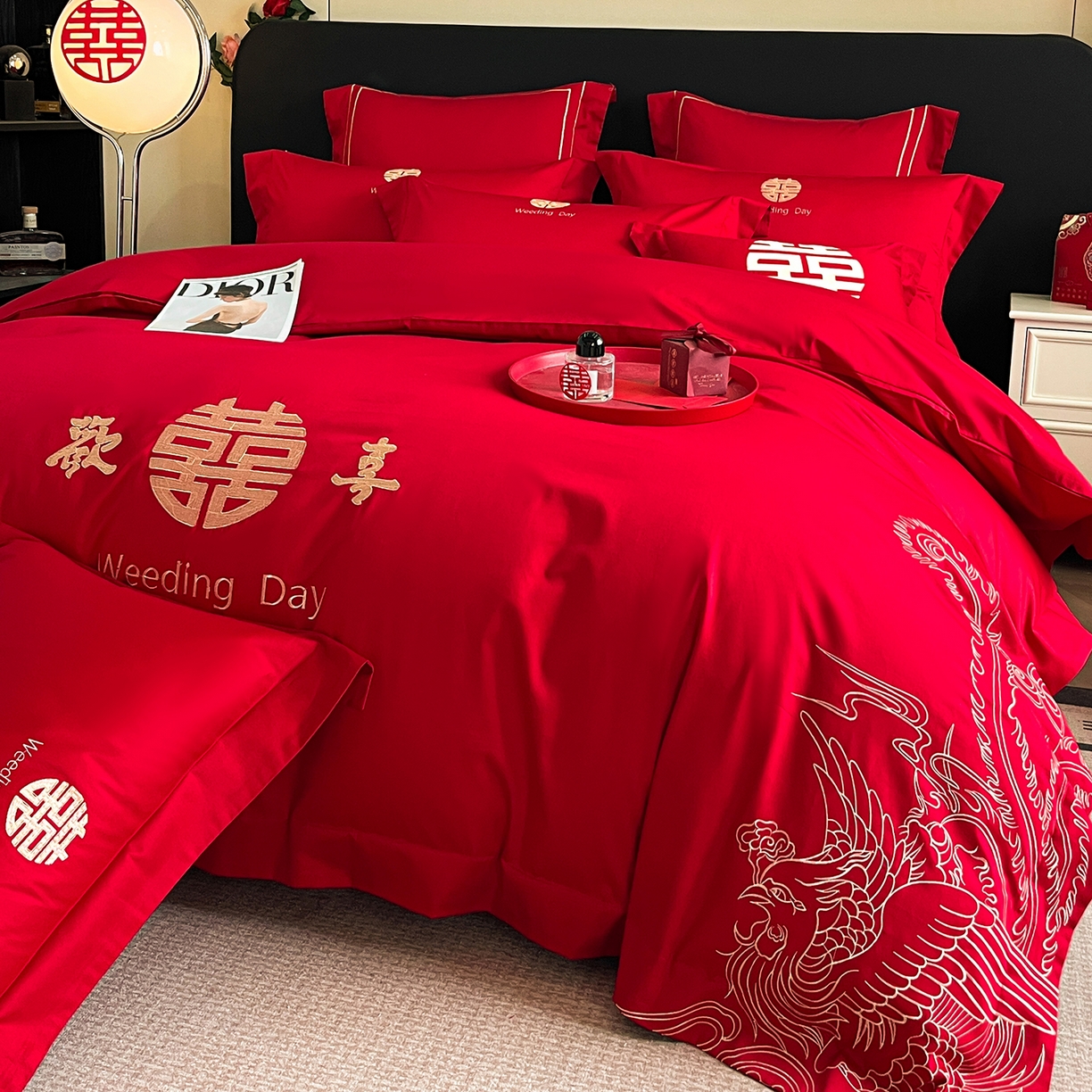 91家纺网 家纺一手货源 找家纺 置顶家纺 2025新款亲肤刺绣婚庆四件套 龙翔凤起-金大红