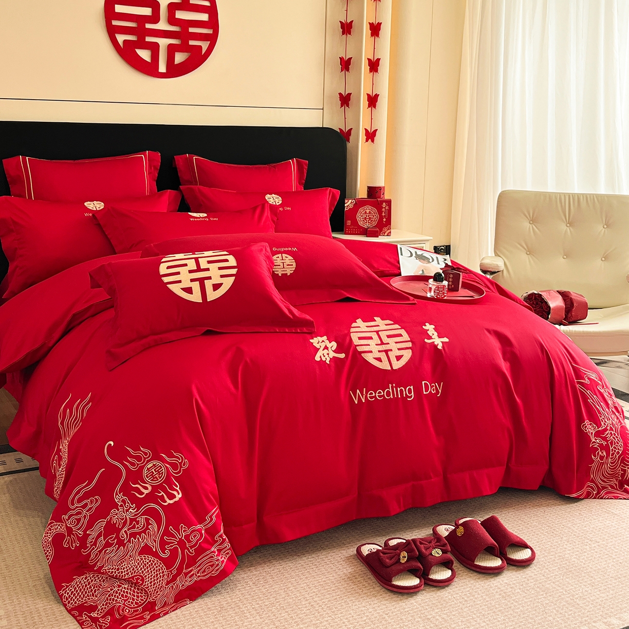 91家纺网 家纺一手货源 找家纺 置顶家纺 2025新款亲肤刺绣婚庆四件套 龙翔凤起-金大红