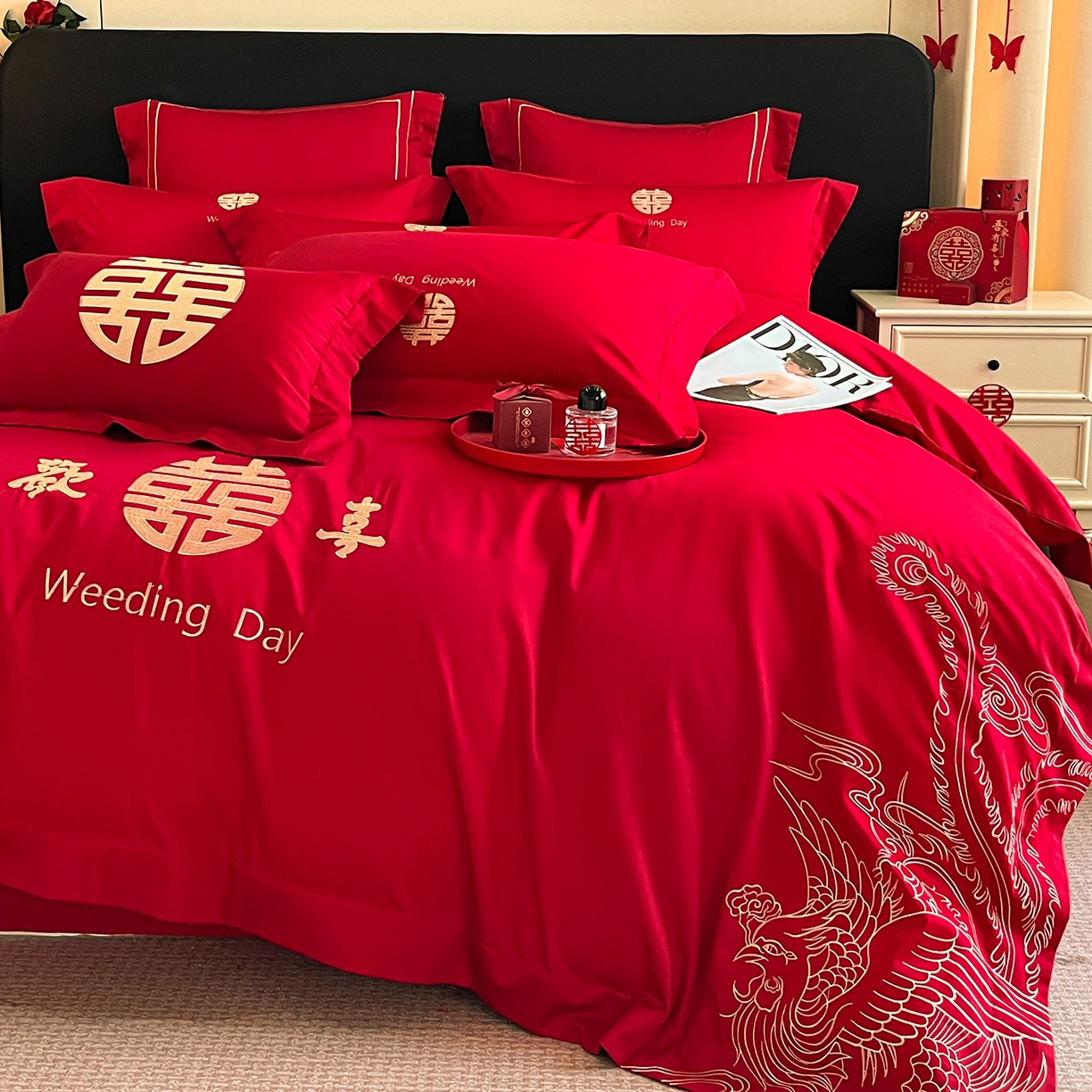 91家纺网 家纺一手货源 找家纺 置顶家纺 2025新款亲肤刺绣婚庆四件套 龙翔凤起-金大红