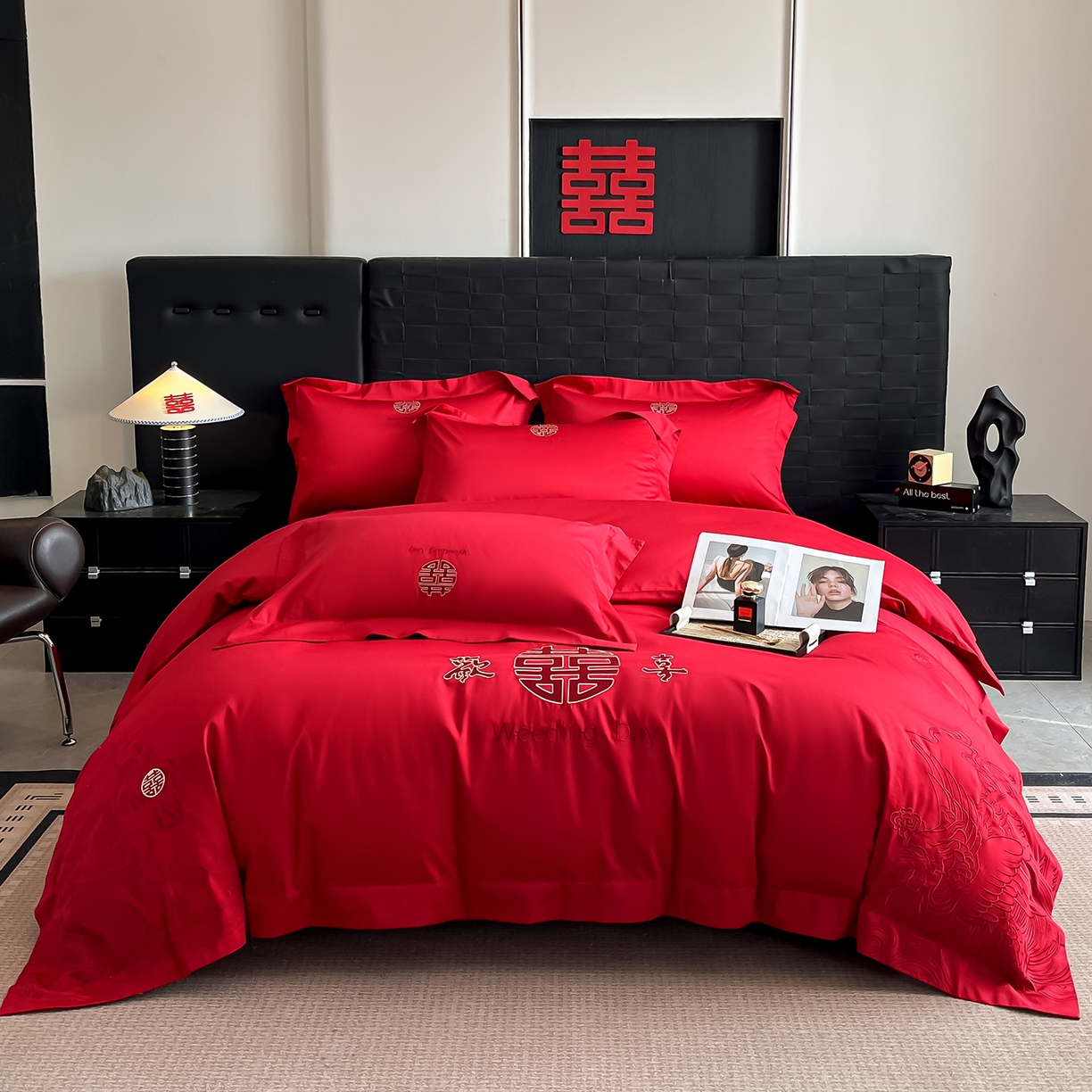 91家纺网 家纺一手货源 找家纺 置顶家纺 2025新款亲肤刺绣婚庆四件套 龙翔凤起-大红