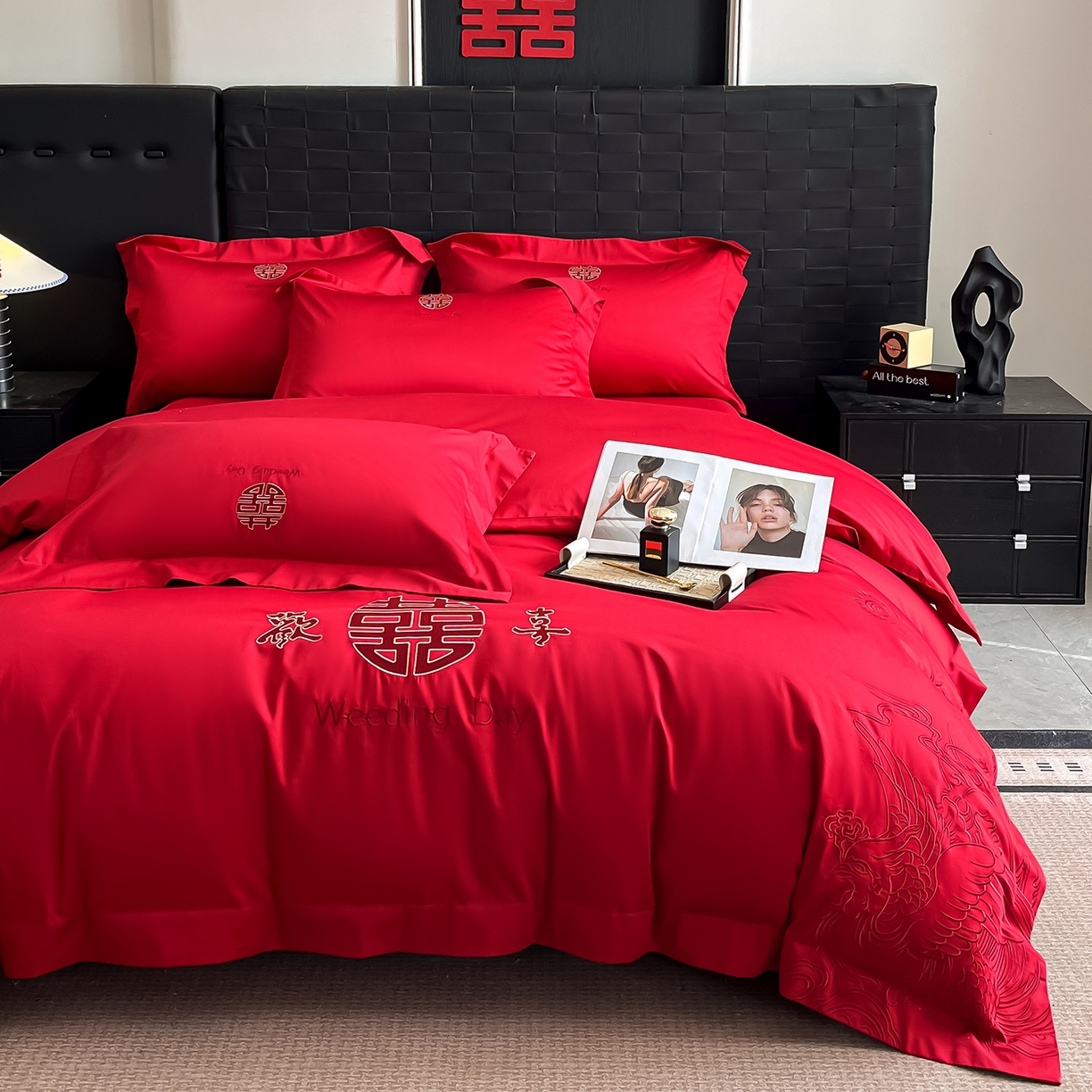 91家纺网 家纺一手货源 找家纺 置顶家纺 2025新款亲肤刺绣婚庆四件套 龙翔凤起-大红