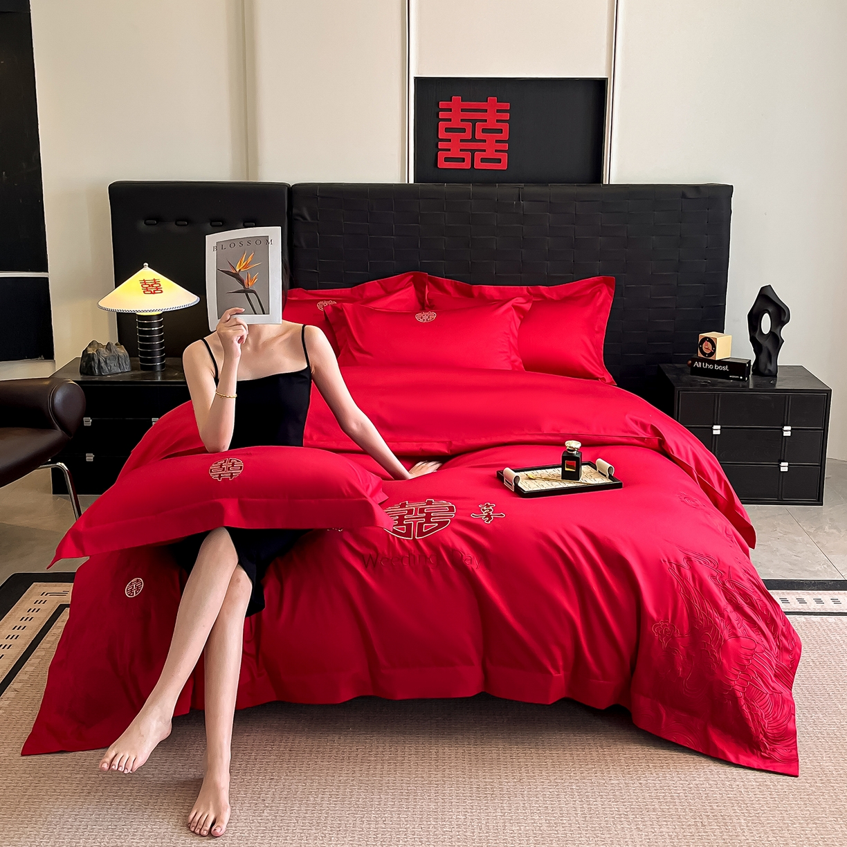 91家纺网 家纺一手货源 找家纺 置顶家纺 2025新款亲肤刺绣婚庆四件套 龙翔凤起-大红