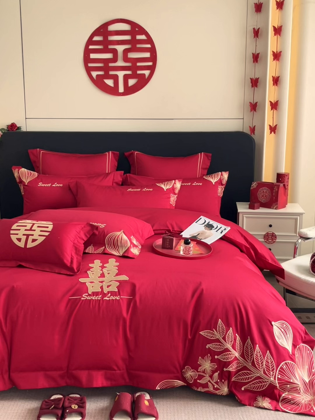 91家纺网 家纺一手货源 找家纺 置顶家纺 2025新款亲肤刺绣婚庆四件套 锦上花-金大红