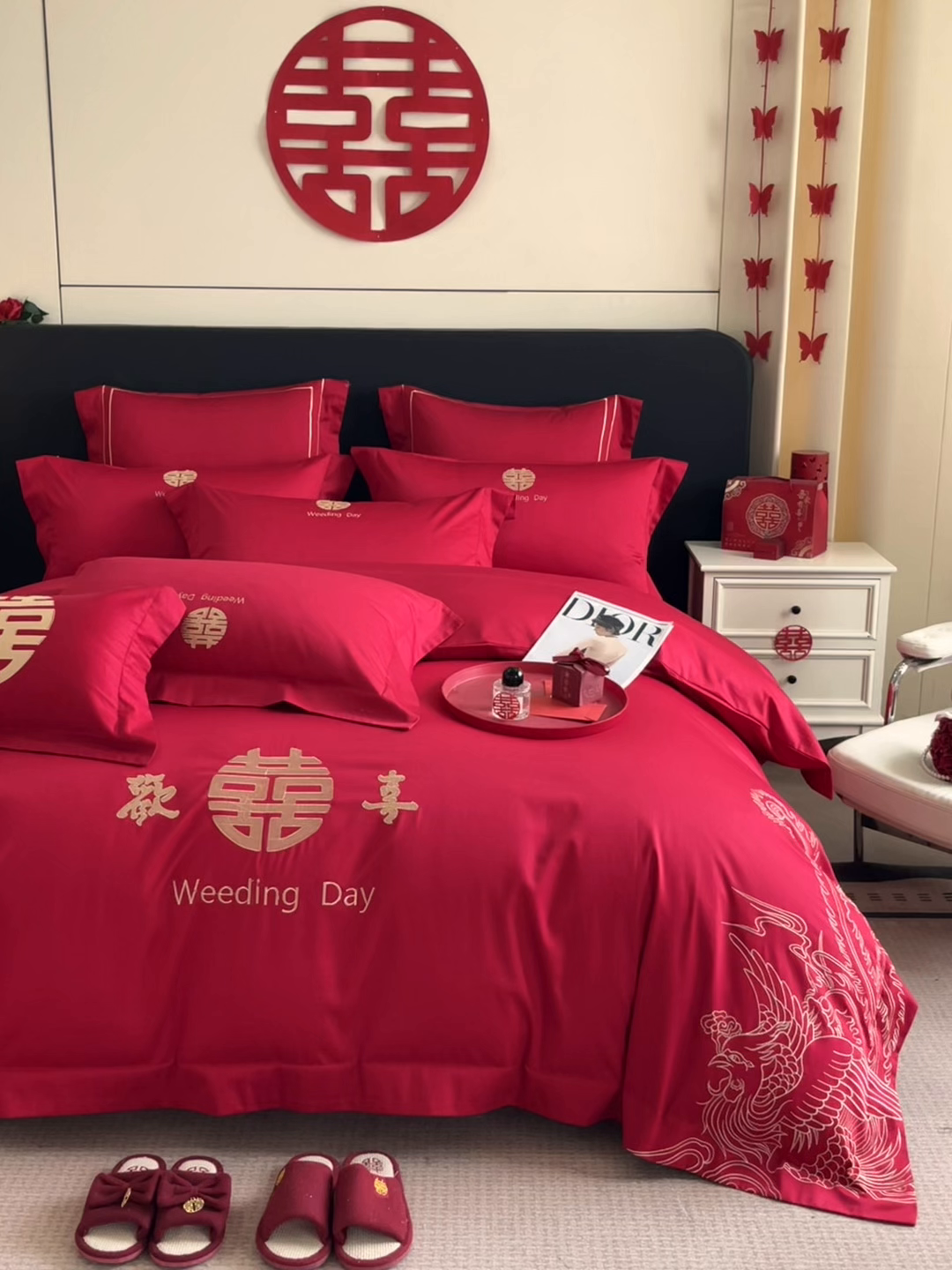 91家纺网 家纺一手货源 找家纺 置顶家纺 2025新款亲肤刺绣婚庆四件套 龙翔凤起-金大红