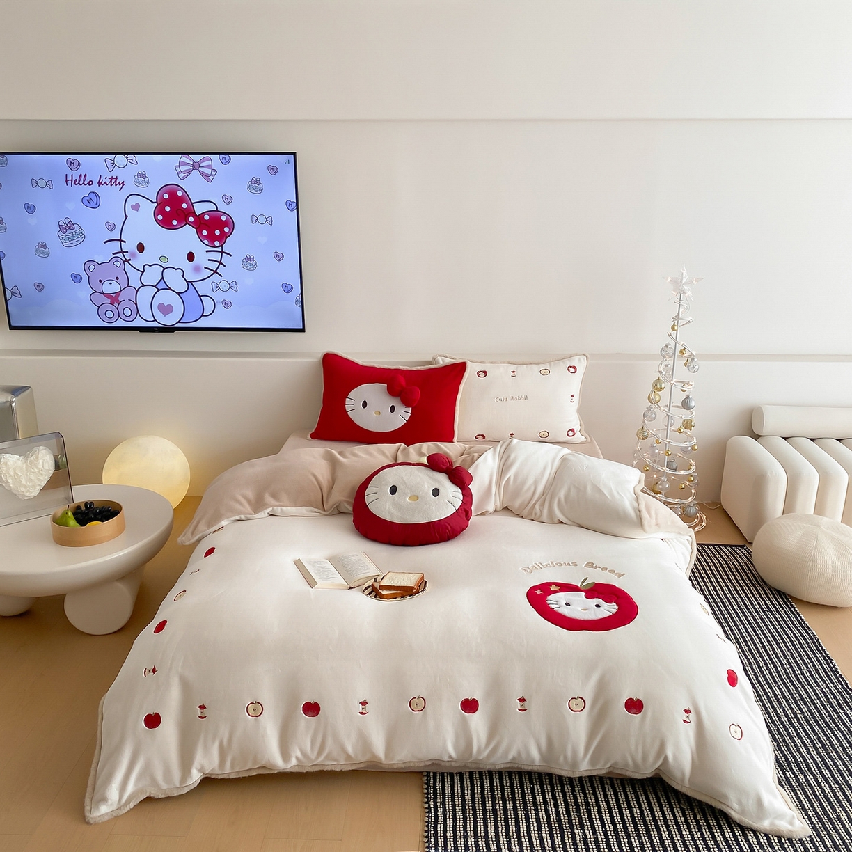 （总）佳汐蓝家纺 2025新款230g牛奶绒毛条刺绣四件套-苹果猫(控价：卷后不低于298元)