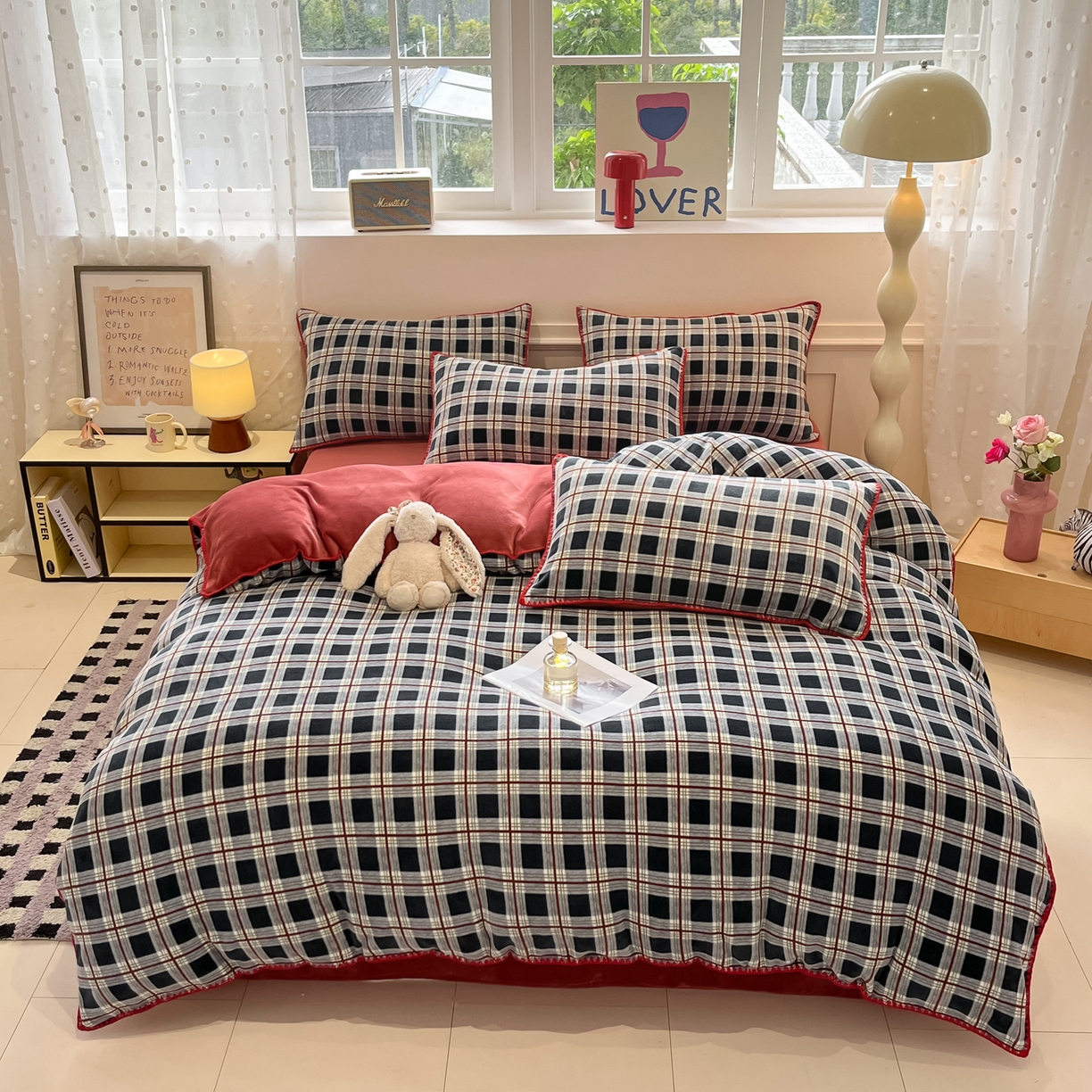 91家纺网 家纺一手货源 找家纺 如一 2025新款A类高克重牛奶绒印花三角针工艺四件套 英伦蓝