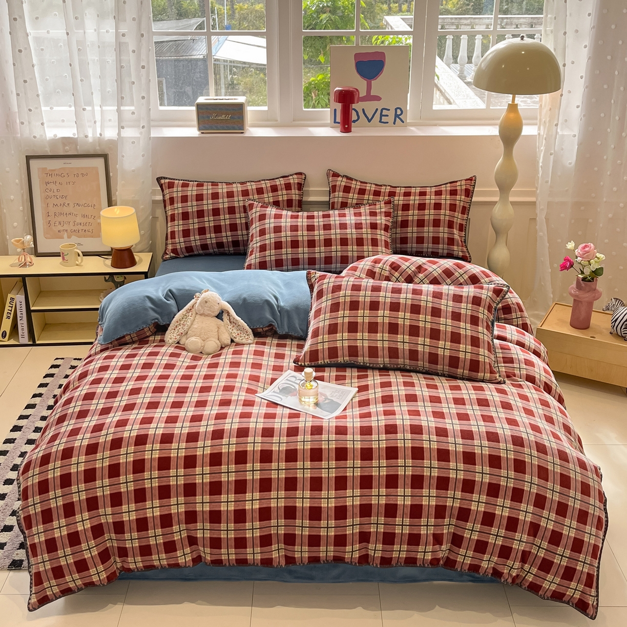 91家纺网 家纺一手货源 找家纺 如一 2025新款A类高克重牛奶绒印花三角针工艺四件套 英伦红