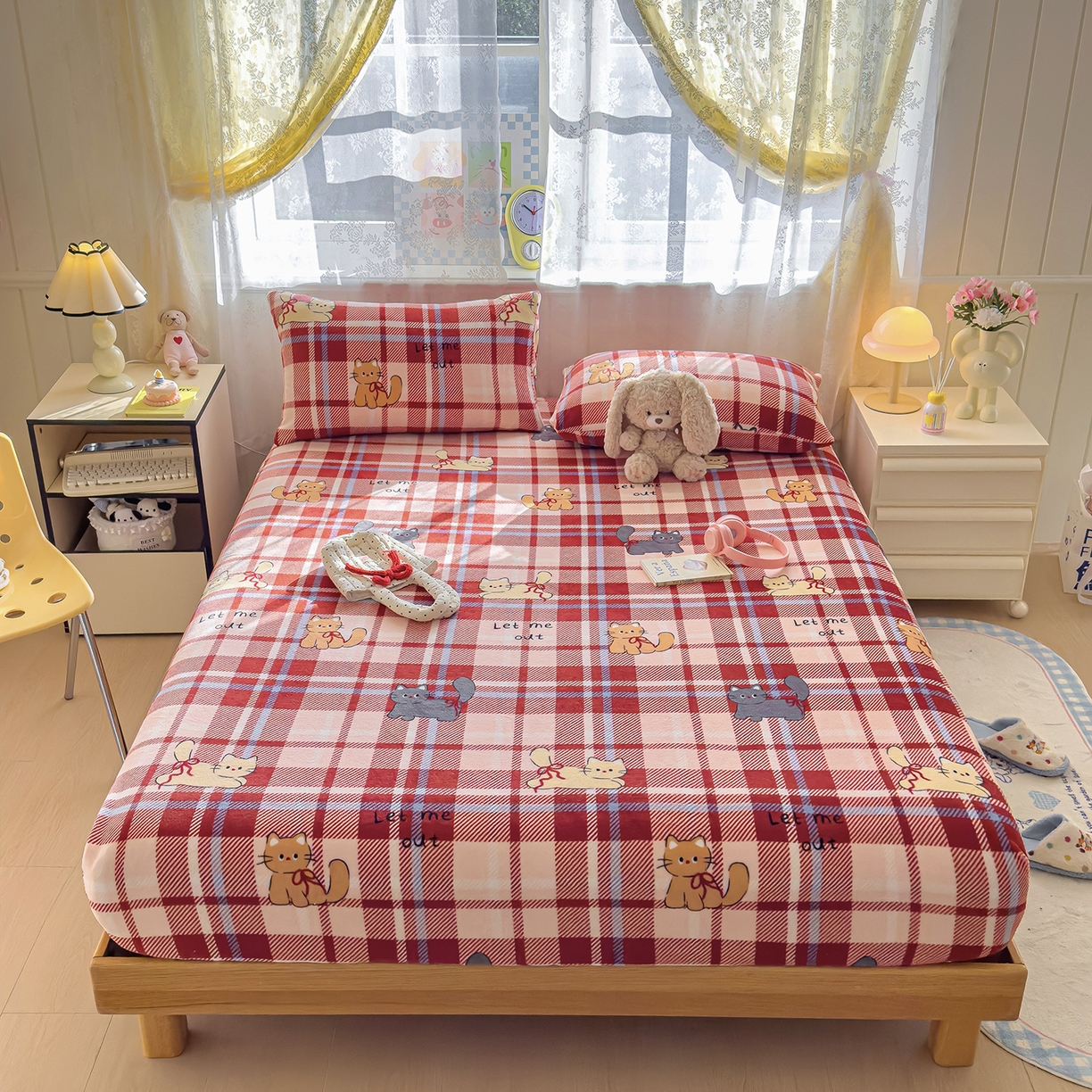 91家纺网 家纺一手货源 找家纺 灿哈家纺 2025新款牛奶绒印花床笠单品床笠床笠单件床笠三件套 可爱猫咪