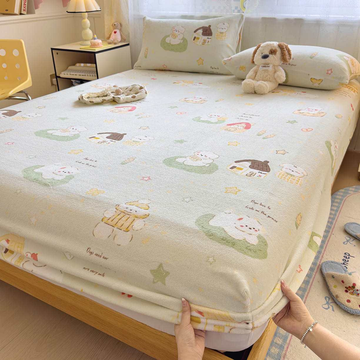 91家纺网 家纺一手货源 找家纺 灿哈家纺 2025新款牛奶绒印花床笠单品床笠床笠单件床笠三件套 仔仔乐园