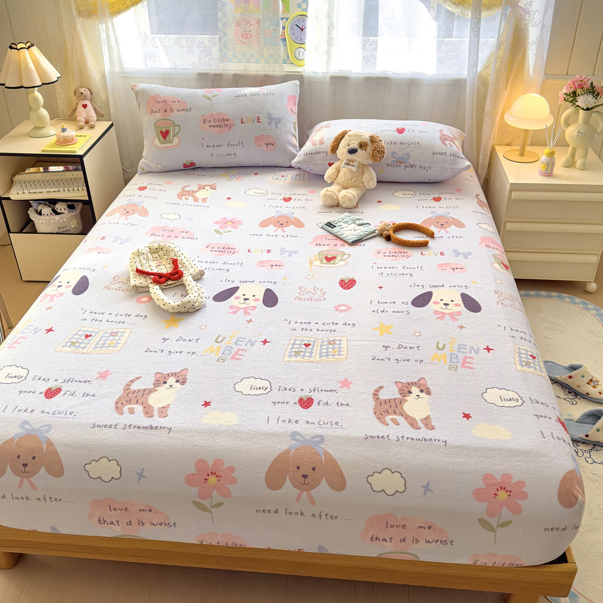 91家纺网 家纺一手货源 找家纺 灿哈家纺 2025新款牛奶绒印花床笠单品床笠床笠单件床笠三件套 小乖乖