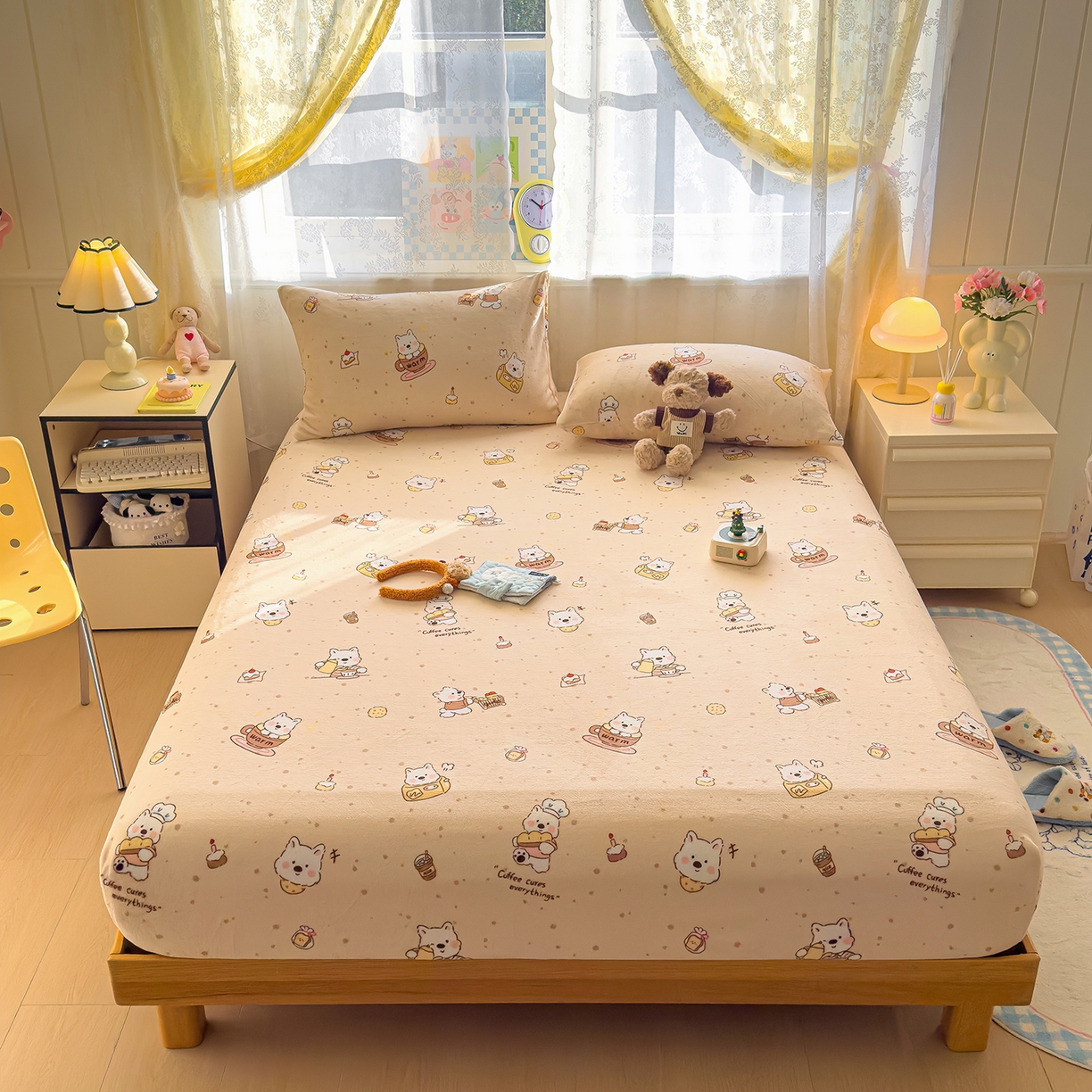 91家纺网 家纺一手货源 找家纺 灿哈家纺 2025新款牛奶绒印花床笠单品床笠床笠单件床笠三件套 咖啡熊