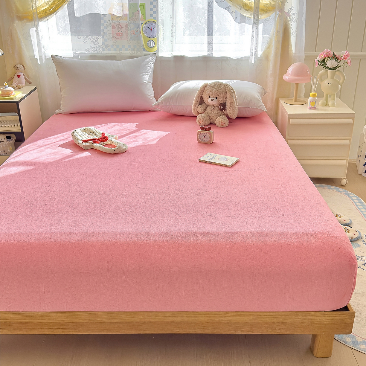 91家纺网 家纺一手货源 找家纺 灿哈家纺 2025新款牛奶绒印花床笠单品床笠床笠单件床笠三件套 深粉