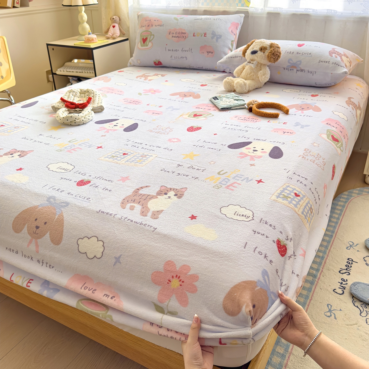 91家纺网 家纺一手货源 找家纺 灿哈家纺 2025新款牛奶绒印花床笠单品床笠床笠单件床笠三件套 小乖乖